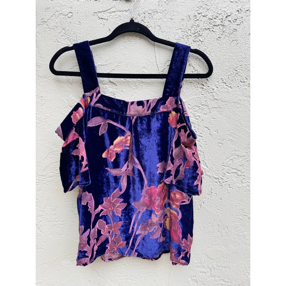 Floral Velvet Velour Rich Color Cold Shoulder Top Blouse Party Elegant - Picture 4 of 8